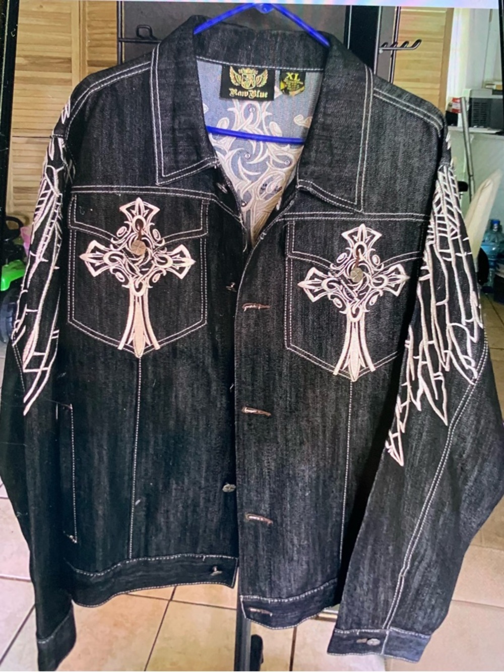 Black Embroidered Denim Shirt Jacket with Cross Motif
